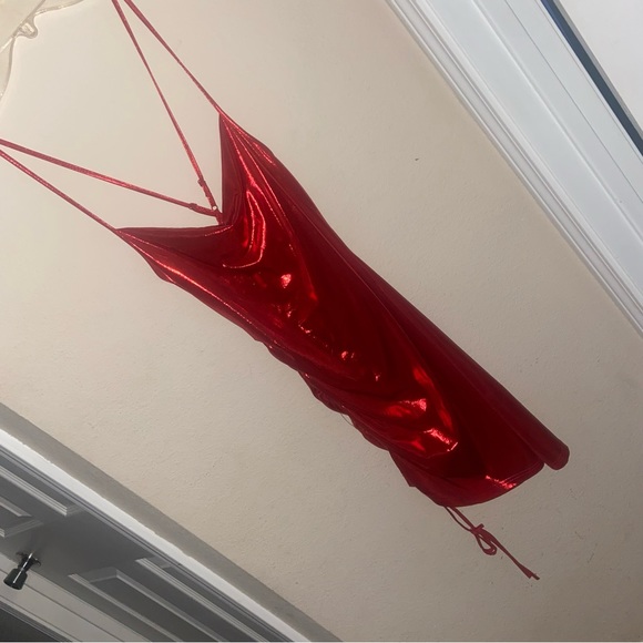 New Red Metallic Draped Cowl Neck Bodycon Mini Dress XS - Picture 4 of 6
